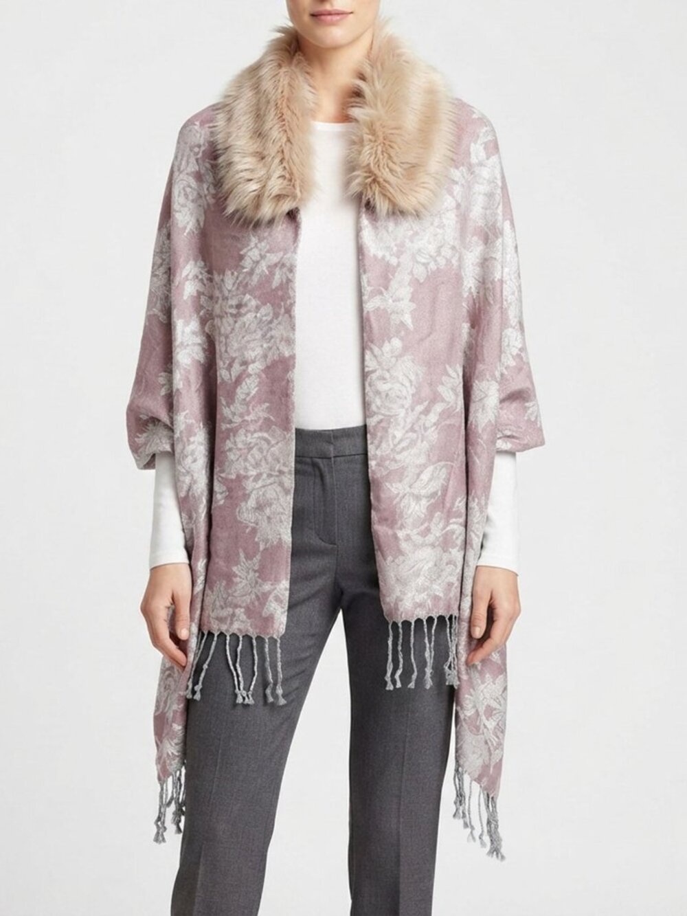 Jessica McClintock Pink Floral Faux Fur Collar Shawl Wrap Cape One Size